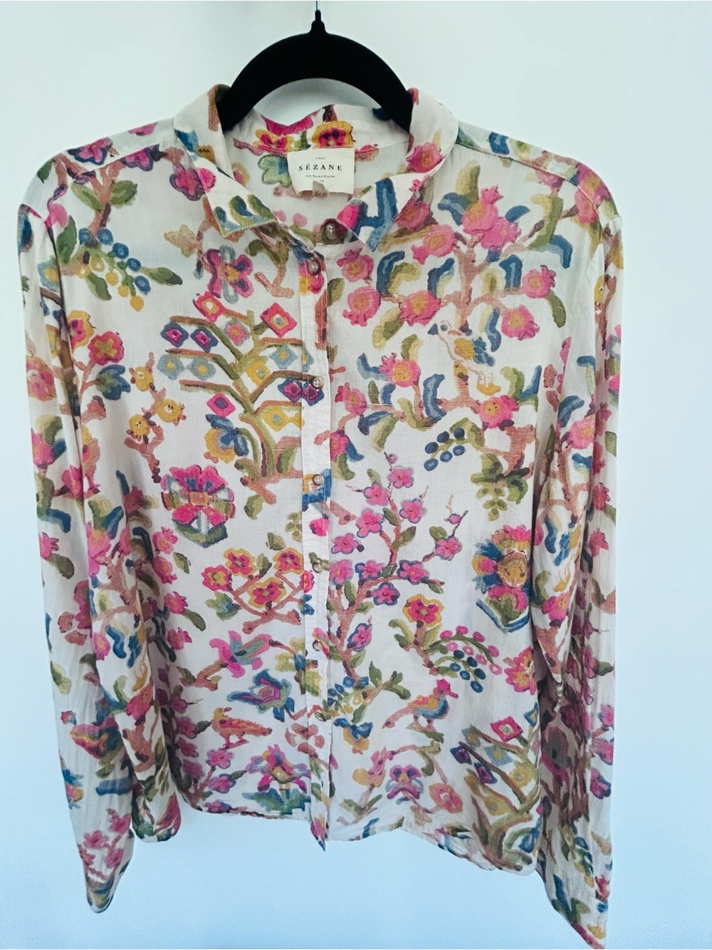 Sézane Pierro Floral Button-Up Shirt in Pink & Green
